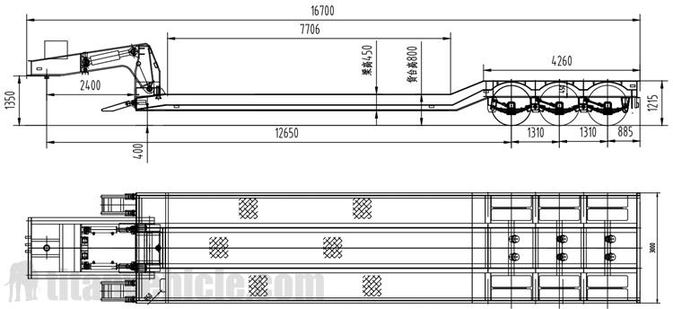 Structural analysis of the gooseneck  The gooseneck part is composed of a traction pin, a lifting hydraulic cylinder, a pin shaft connected with the cargo platform, an eccentric block for fixing the position of the gooseneck, and a gooseneck. The gooseneck part is connected to the cargo platform by articulation, and a pair of lifting hydraulic cylinders are installed between the gooseneck and the cargo platform, which are driven by the hydraulic cylinder to realize the raising and lowering of the cargo platform.  After the cargo platform is raised or lowered, the position of the gooseneck and the cargo platform is fixed by an eccentric device. The eccentric device is welded by 16 Mn steel plate and steel pipe. It is installed in the hollow part of the gooseneck web and is connected to the gooseneck through a pin. The eccentric device has 2 plane positions through which it is in contact with the upper surface of the cargo platform. The lower position is the lowest position of the trailer, that is, the cargo platform is in contact with the ground; when the cargo platform is raised, under the action of gravity, the right plane Turning to the bottom, the oil pressure can be unloaded at this time, and the load is completely carried by the eccentric device. This position corresponds to the highest cargo platform.